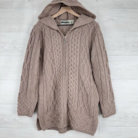 Aran Crafts Women XS Irish Wool Zip-Front Hooded Sweater Cardigan Tan Fisherman - Picture 13 of 13